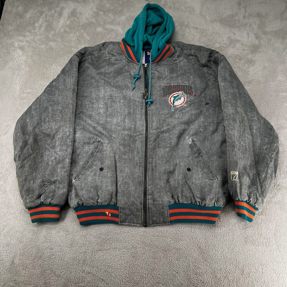 Vintage Logo 7 NFL Miami Dolphins Jacket Mens Medium Gray Preowned Flaws Stains